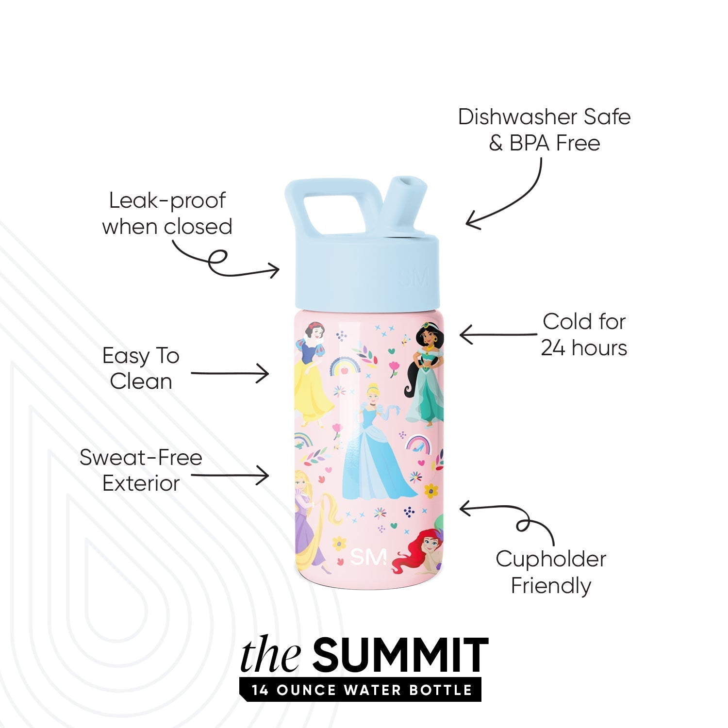 Summit Kids Water Bottle with Straw Lid - Princess Rainbows