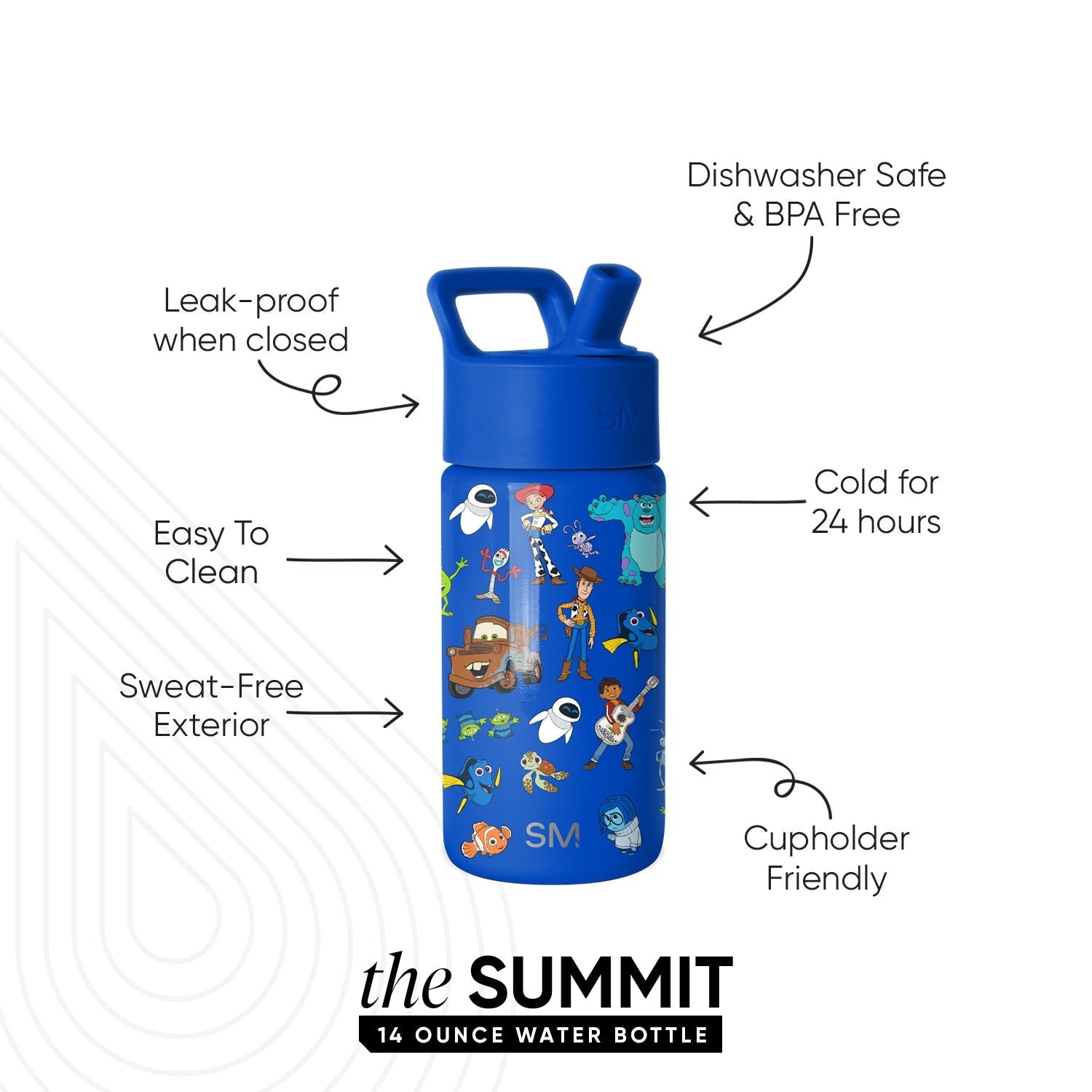 Summit Kids Water Bottle with Straw Lid - Pixar Mashup on Blue