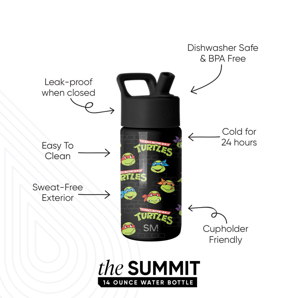 Summit Kids Water Bottle with Straw Lid - Teenage Mutant Ninja Turtles Turtles Unite