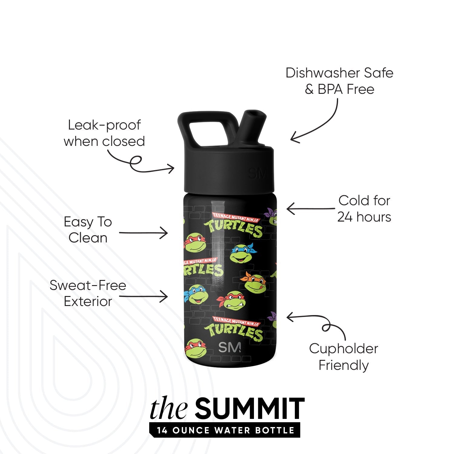 Summit Kids Water Bottle with Straw Lid - Teenage Mutant Ninja Turtles Turtles Unite