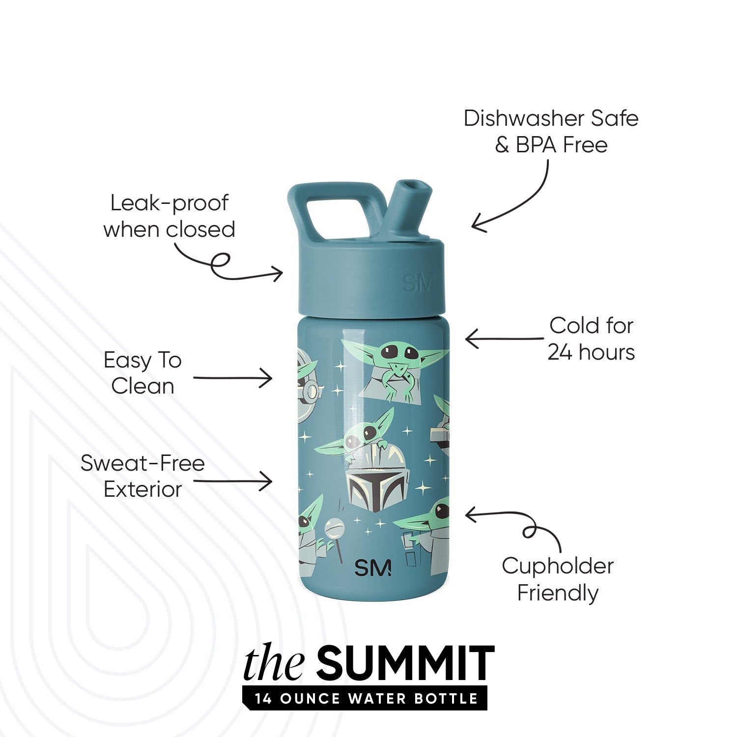 Summit Kids Water Bottle with Straw Lid - Grogu Doodle