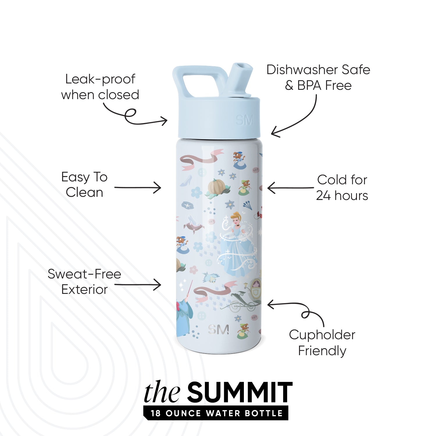 Summit Kids Water Bottle with Straw Lid - Cinderella Floral Wishes