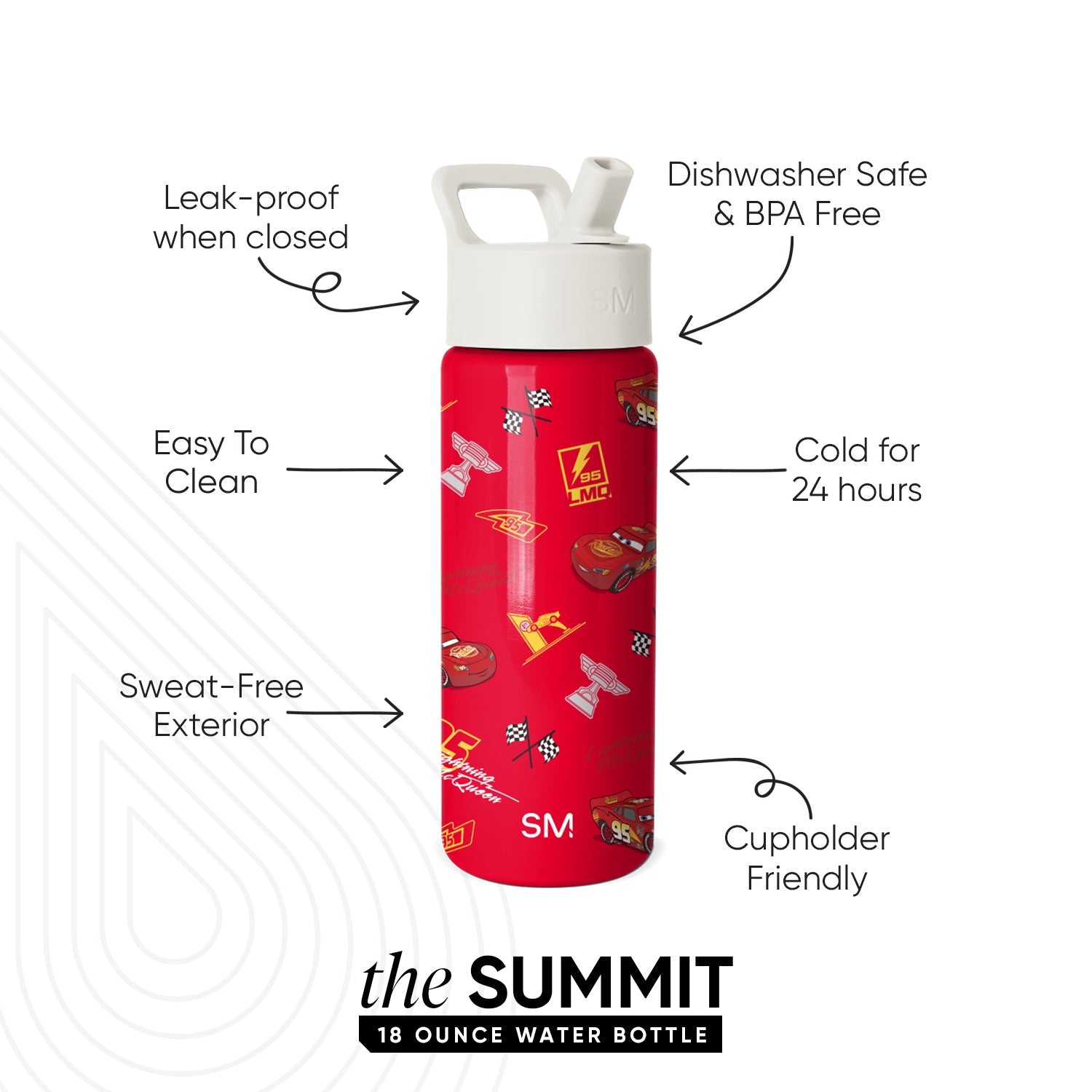 Summit Kids Water Bottle with Straw Lid - Cars Lightning Speed