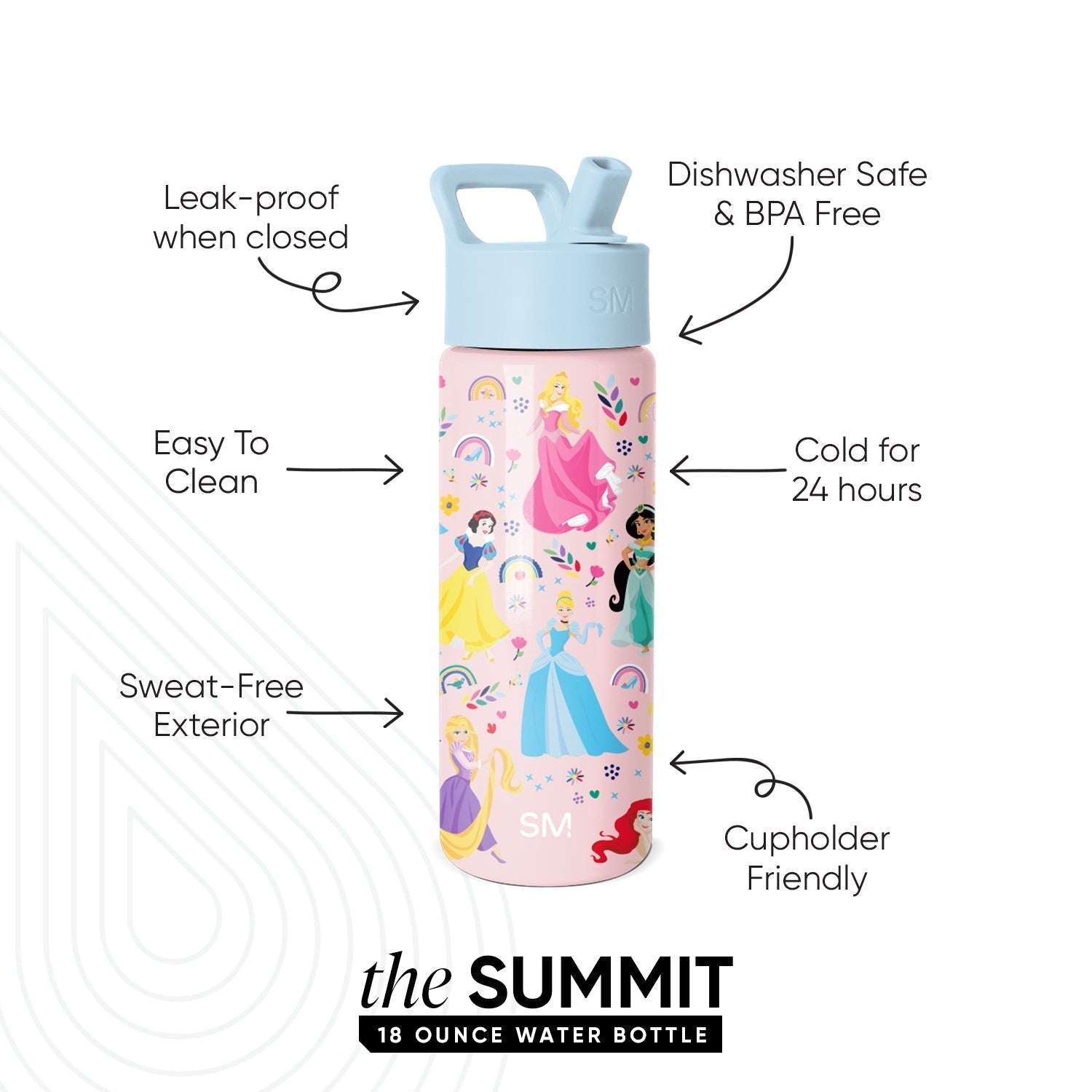 Summit Kids Water Bottle with Straw Lid - Princess Rainbows
