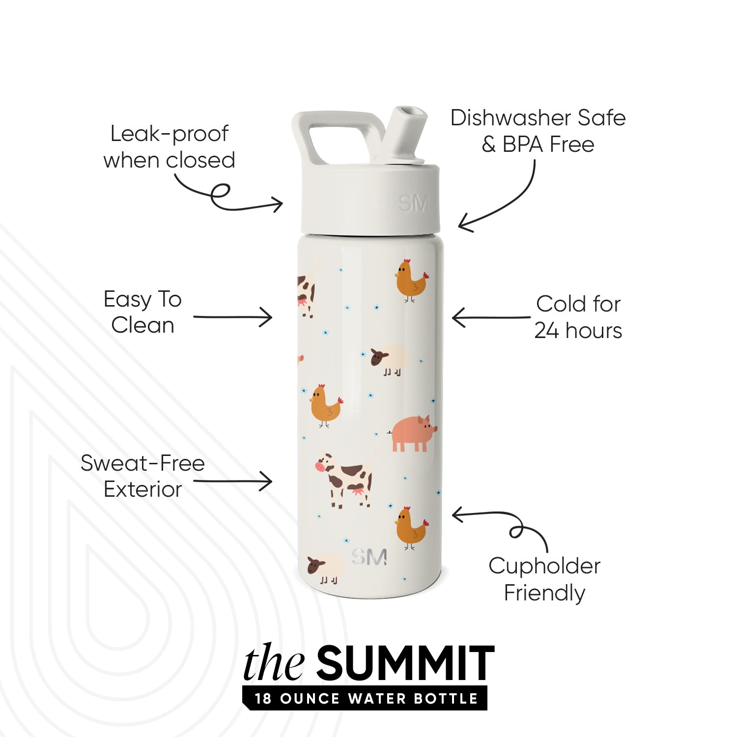 Summit Kids Water Bottle with Straw Lid - Farm Animals