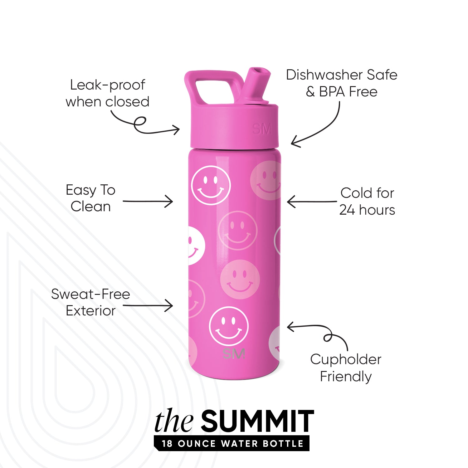 Summit Kids Water Bottle with Straw Lid - Pink Happy Faces