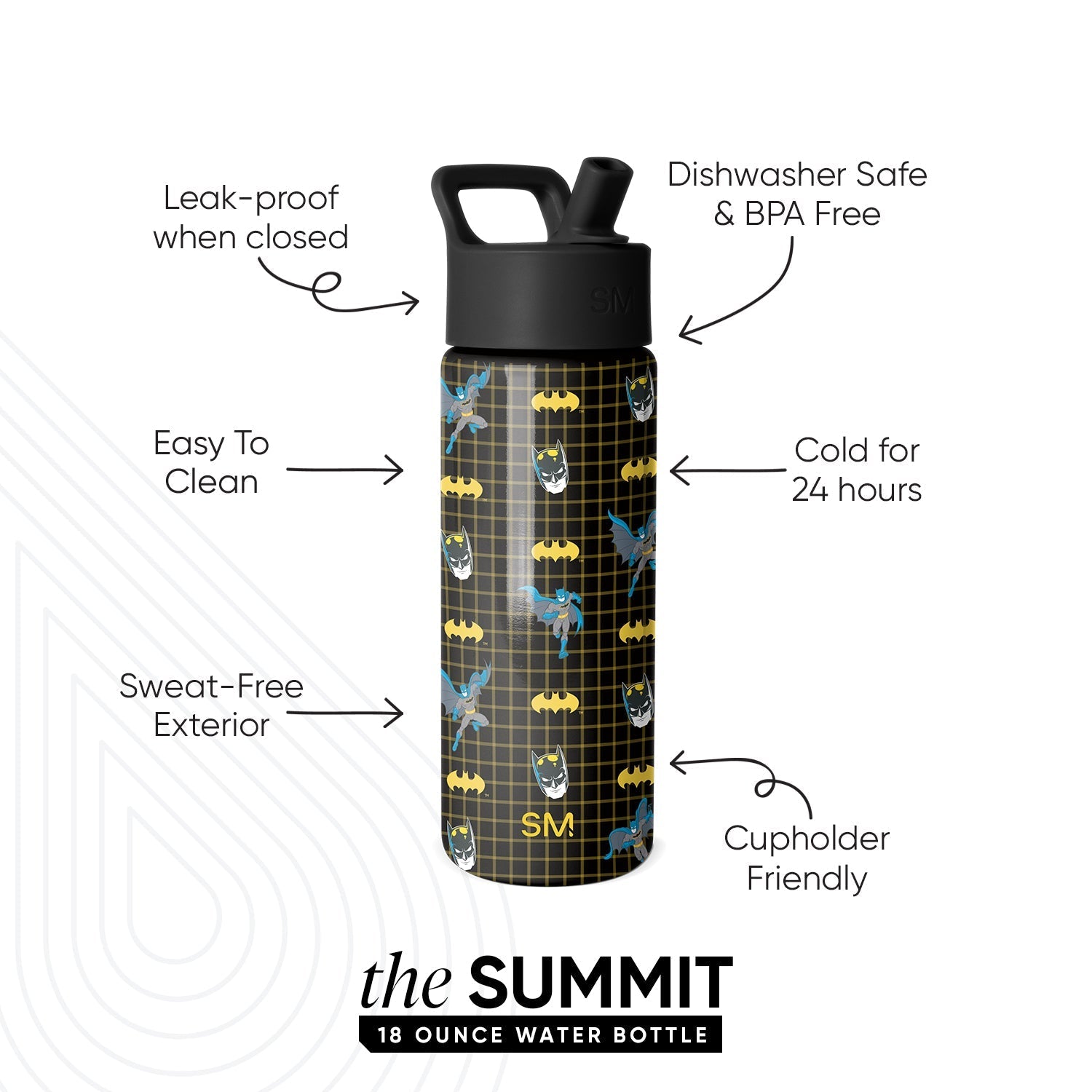 Summit Kids Water Bottle with Straw Lid - Batman Icons