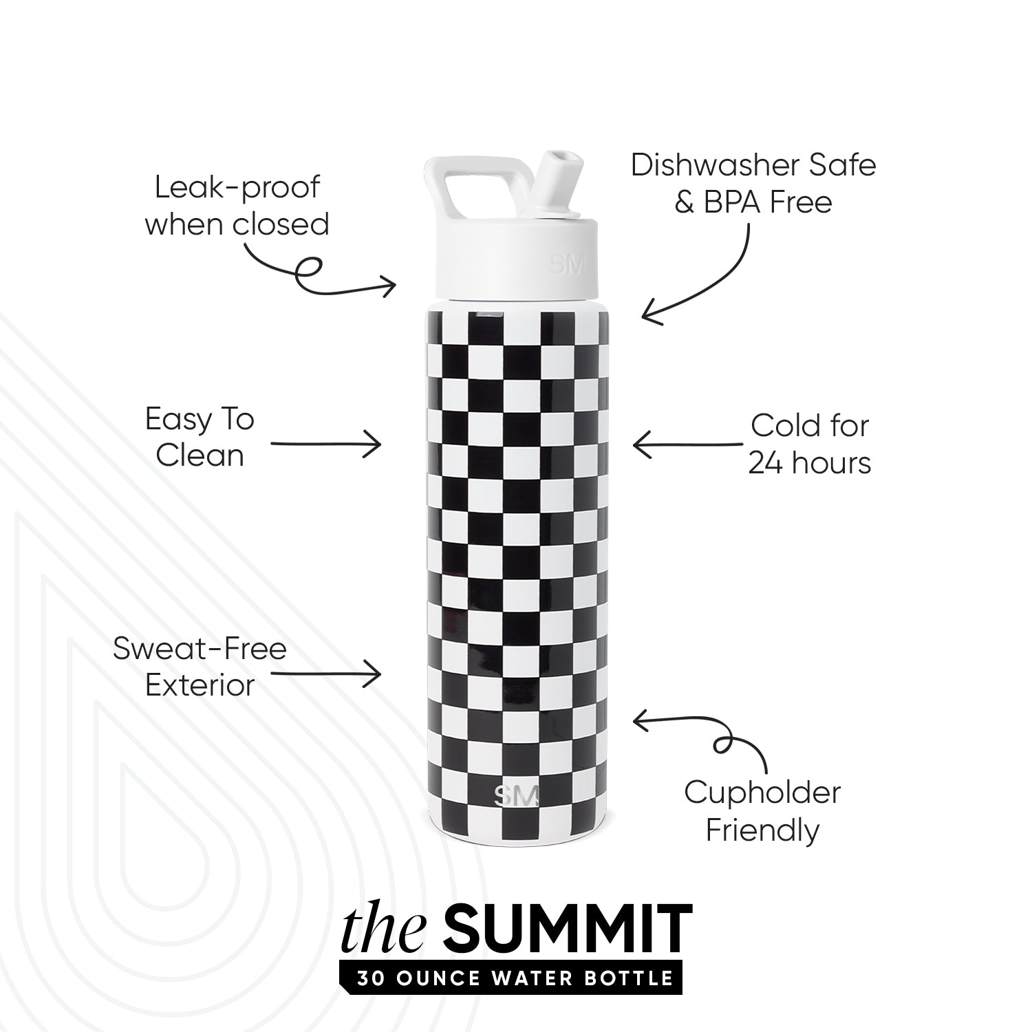 Summit Water Bottle with Straw Lid - Black and White Checkmate