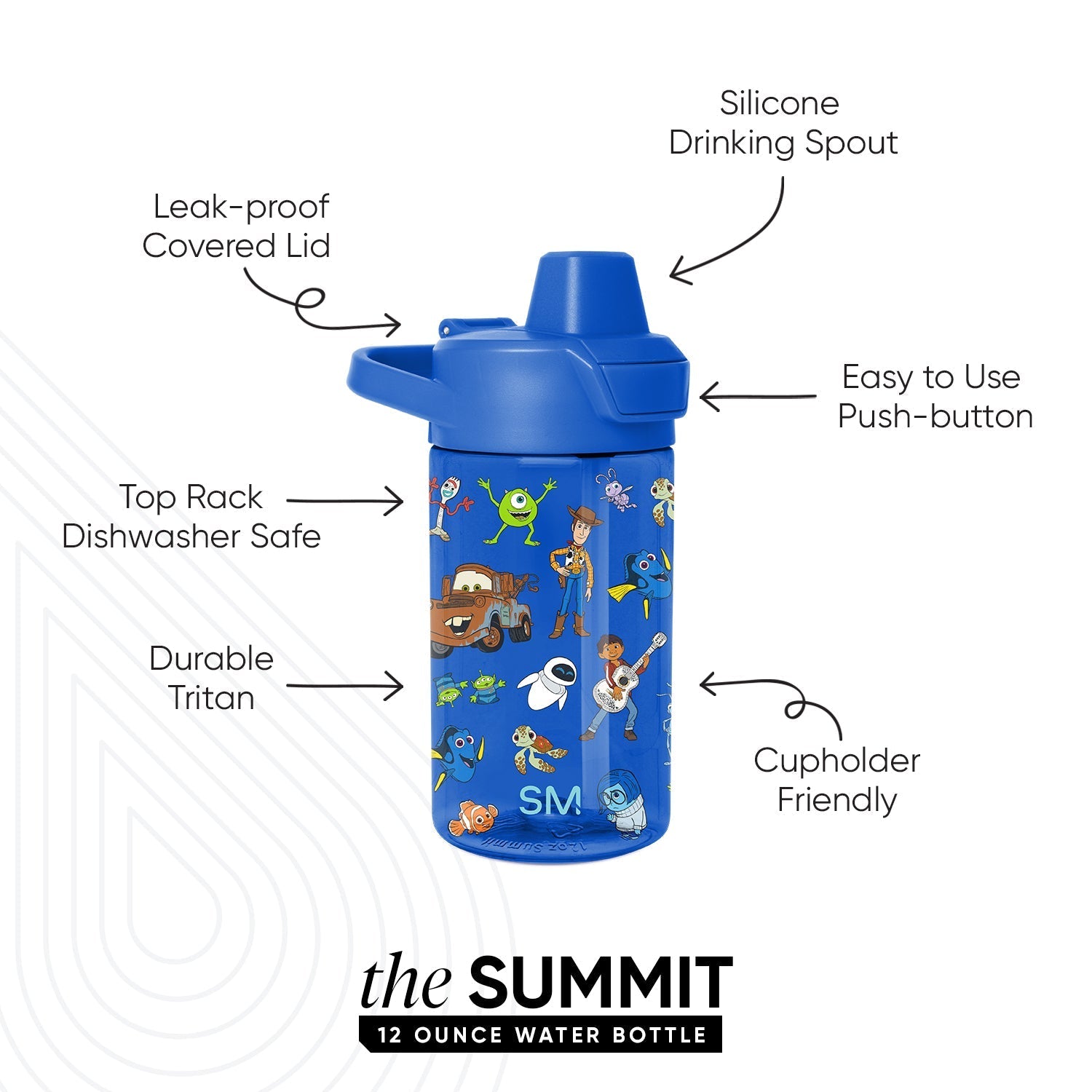Summit Kids Plastic Water Bottle with Simple Flip Straw Lid - Pixar Mashup on Blue