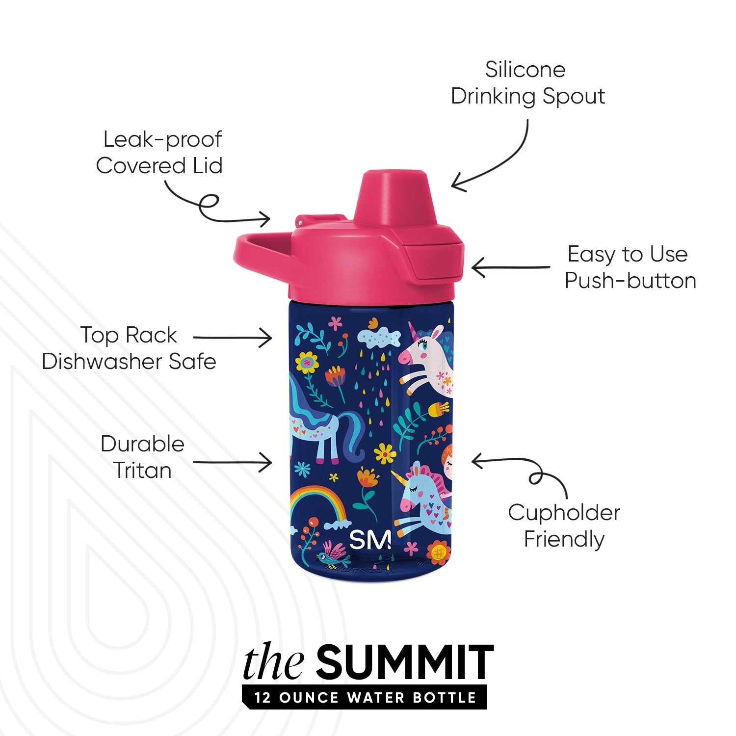 Summit Kids Plastic Water Bottle with Simple Flip Straw Lid - Unicorn Rainbows