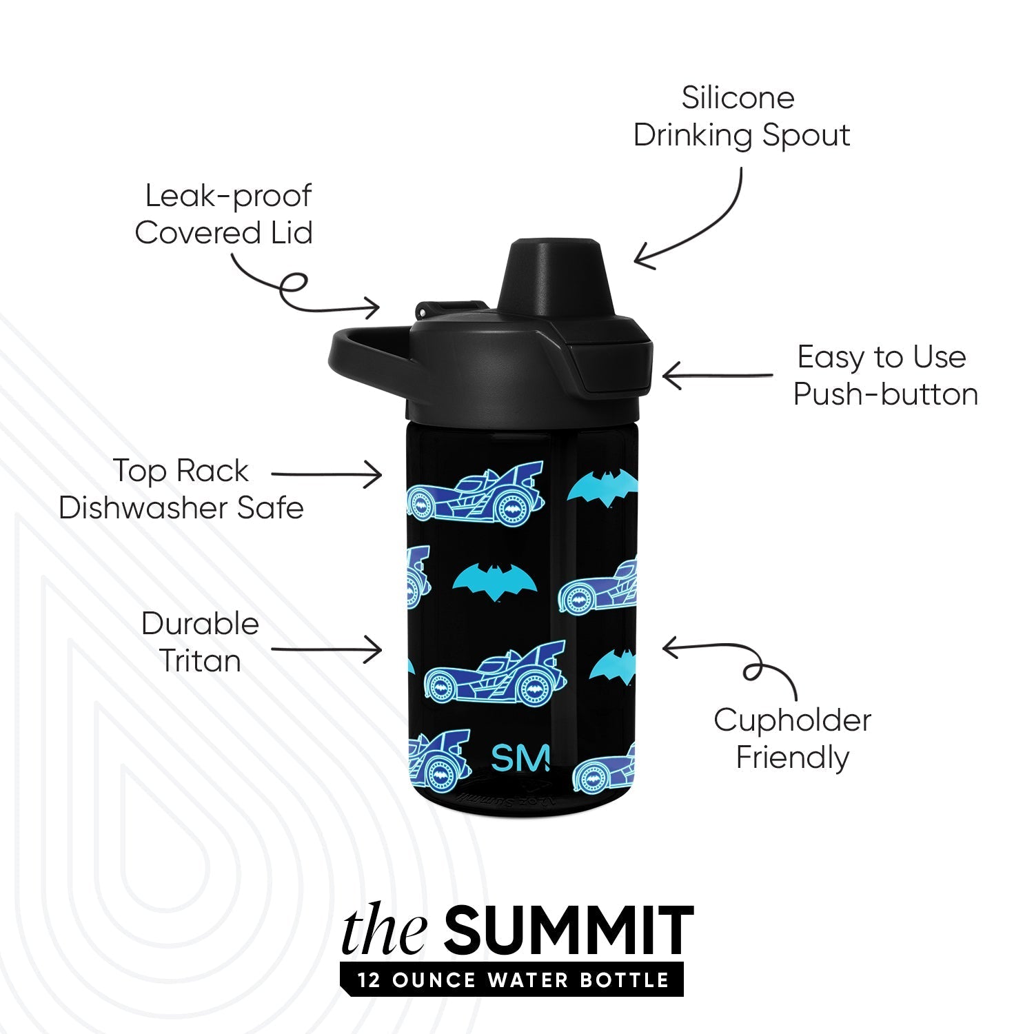Summit Kids Plastic Water Bottle with Simple Flip Straw Lid - Batman Batwheels